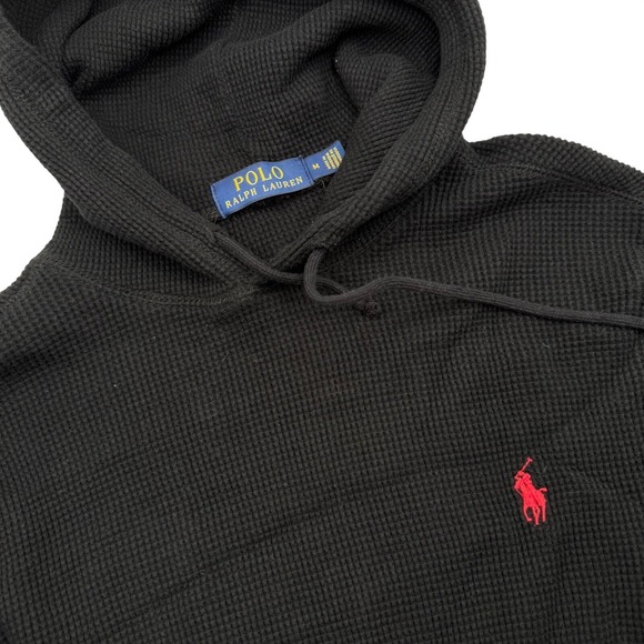 Polo Ralph Lauren Other - Polo Ralph Lauren Black Waffle Knit Hoodie Red‎ Pony Logo Men's Medium Pullover